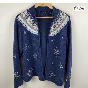 Fair Isle Beaded Snowflake Christmas Holiday Sweater Cardigan M